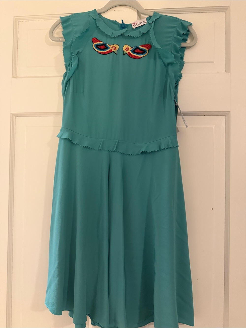RED Valentino Teal Chiffon style dress with Beaded Bird Appliqués